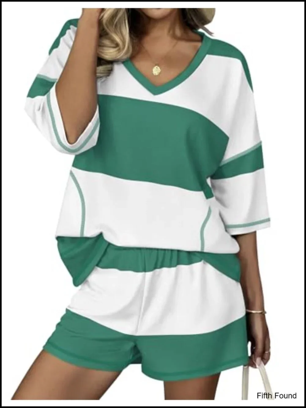 Two Piece Lounge Set - Oversized Striped Shirt and Shorts with Pockets